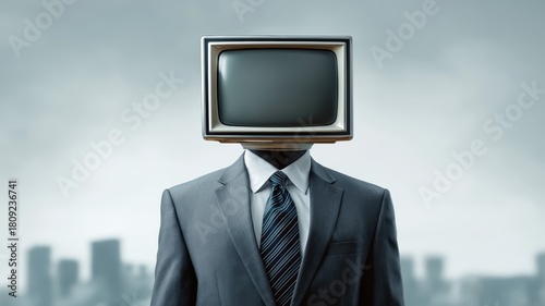 Business man with an old tv instead of head on city background