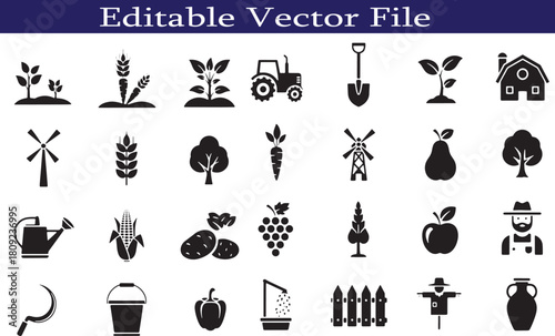 Variety of farming icons and agriculture related symbols in black and white for visual communication representing rural life and harvest season concept