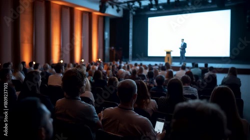 Large audience seated in a conference hall watching a speaker present on a bright stage screen during a professional seminar or business event