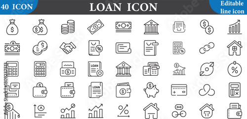 Loan icon set with money and finance symbols isolated on white background