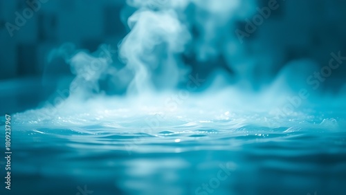 hydrotherapy. Steam rising from water in a tranquil spa, creating a peaceful and abstract atmosphere. bar promotions, beverage menus, designed for food & beverage menus and cafe branding.