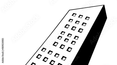 Simplified black-and-white architectural drawing of a sleek tower with numerous windows represented as small geometric cuts in a repetitive pattern, the tower's surface is smooth with clean lines, and