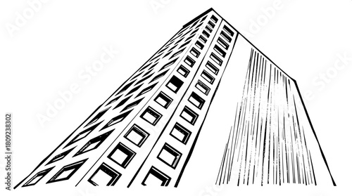 Simplified black-and-white architectural drawing of a sleek tower with numerous windows represented as small geometric cuts in a repetitive pattern, the tower's surface is smooth with clean lines, and