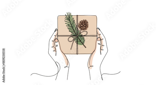 flat lay  Hands holding christmas gift box present giving holiday concept one line minimalist illustration with watercolor fill, trendy vector