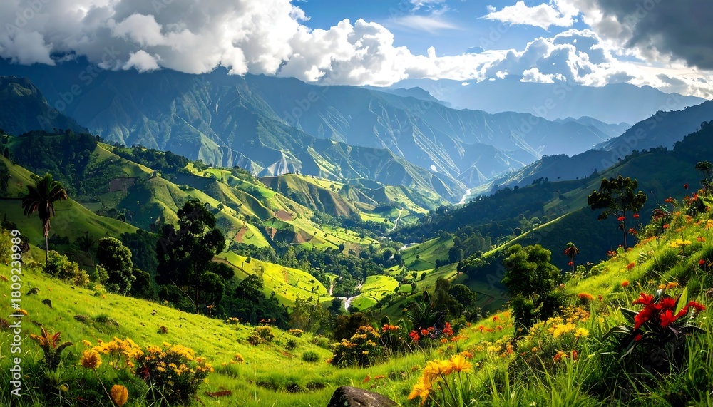 Obraz premium Lush valley with rolling green hills and vibrant flowers under a partly cloudy, blue sky and bright sunlight