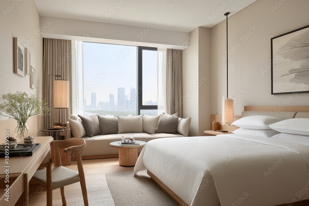 Fototapeta premium Luxurious hotel bedroom with soft textures, desk, and seating area