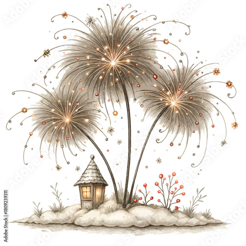 watercolor fireworks with house and snow clip art preview