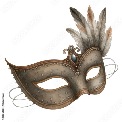Vintage Textured Metallic Masquerade Mask with Feathers Illustration Vector
