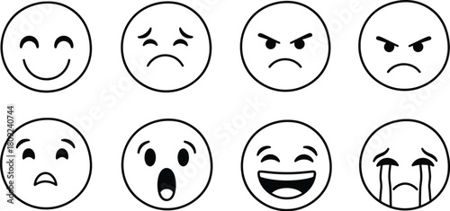 Set of Simple Line Art Emoji Faces on White Background emoticon expression