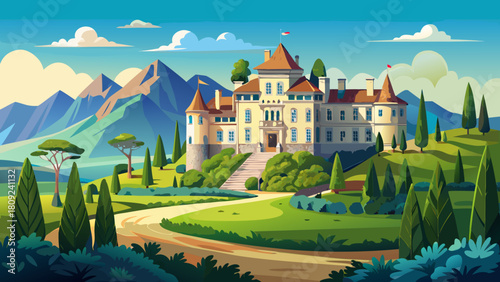 Very beautiful landscape view of a historic hilltop residence resembling the Chateau DeMores, surrounded by rolling mountains, lush trees, open grassland, and a bright blue sky near a scenic park entr