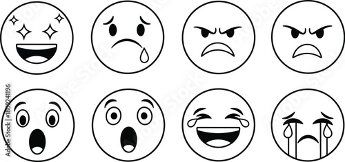 Collection of Black and White Emoji Faces Showing Various Emotions