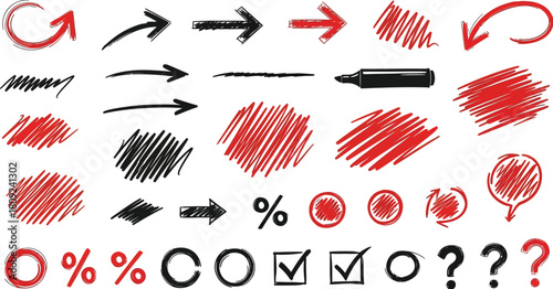 Assortment of Red and Black Hand Drawn Arrows and Symbols on White Background sketch drawing