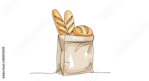  Paper bag with groceries bread and food supermarket shopping one line minimalist illustration with watercolor fill, trendy vector