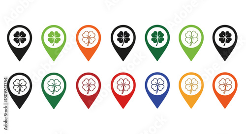 Colorful Map Pointer Icons with Clover Leaf St