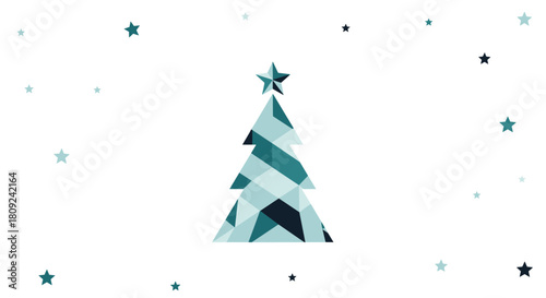 A modern and minimalist christmas card design featuring a geometric patterned tree with a star on top surrounded by falling stars.