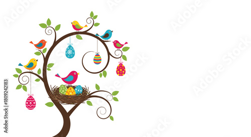 Whimsical spring tree illustration with colorful birds a nest of decorated eggs and hanging easter ornaments against a white background.