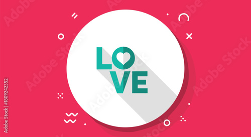 Modern flat design love icon with a heart symbol replacing the letter O presented inside a white circle with a long shadow effect.