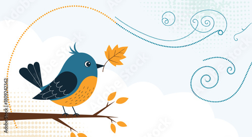 A charming autumn scene with a cute blue bird perched on a branch holding a fall leaf with stylized wind swirls in the background.