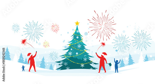 Festive new year or christmas celebration scene with silhouettes of people enjoying fireworks and sparklers around a decorated tree.