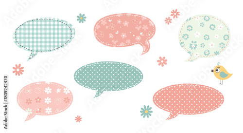 A lovely collection of six shabby chic speech bubbles decorated with pastel floral gingham and polka dot patterns for scrapbooking.