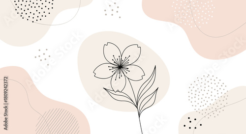 An elegant and minimalist background design with a single line art flower set against abstract organic shapes in soft pastel colors.