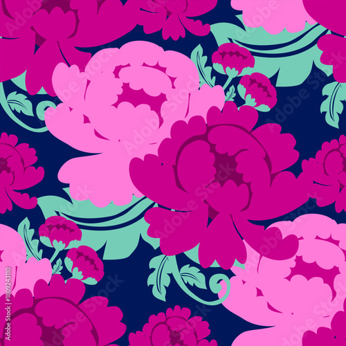 Seamless pattern, Peony, Floral print, Repeat pattern, Botanical, Flower pattern, Textile, Fabric, Wallpaper, Background, Vintage, Elegant, Cottagecore, Nature, Bloom, Blossom, Leaf, Rose, Drawing, Ve