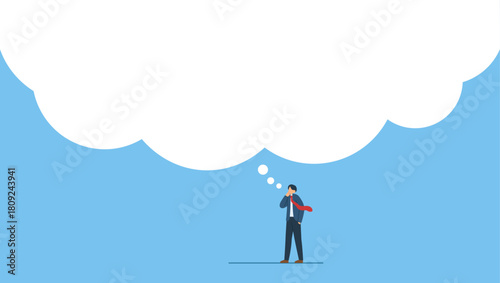 Smart businessman thinking with big bubble. Think big, ambition to success, dream big to change the world or contemplation to get solution to solve big problem, imagination or creativity.