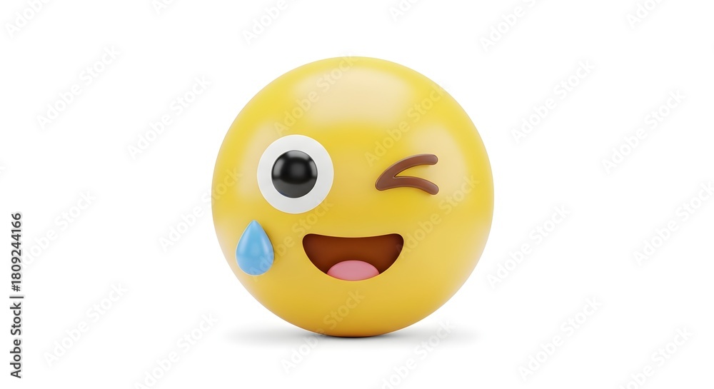 Fototapeta premium Funny yellow emoji face, winking and crying, emoticon, laughing smiley