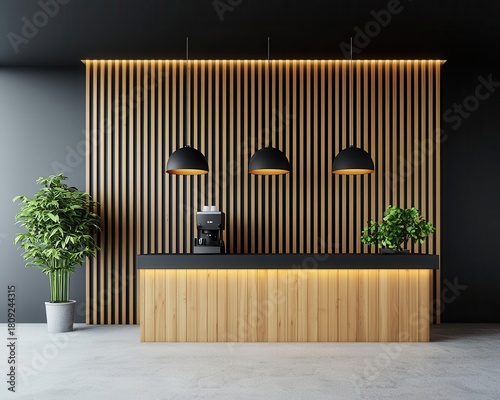 Minimalist wooden cafe with horizontal timber cladding, a natural stone entrance, and glowing pendant lights