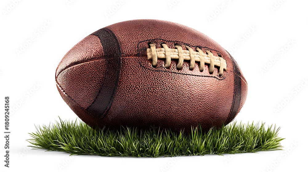 Obraz premium A classic brown football rests on a patch of vibrant green grass