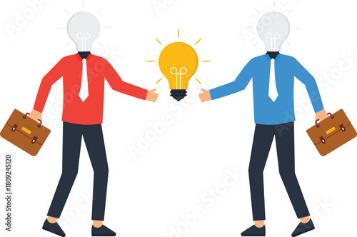 Business collaboration creative teamwork with two businessmen sharing a glowing idea. Lightbulb head innovation concept for a business solution. Successful partnership and brainstorming session.