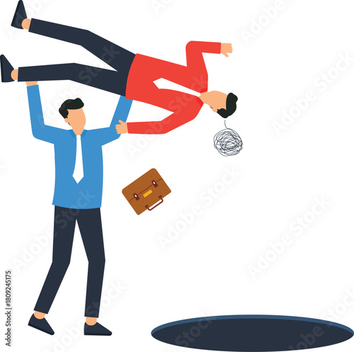 Business competition corporate conflict showing hostile takeover and problem solving. Businessman getting rid of rival represents employee firing, business risk, and work stress abstract concept.