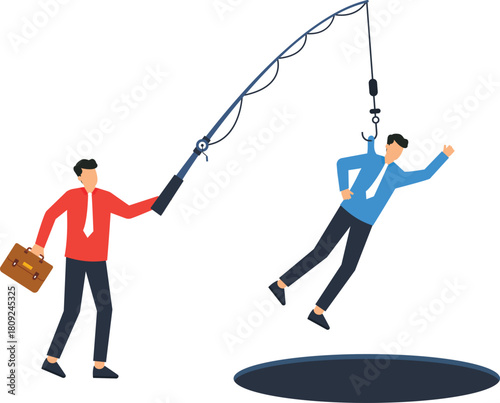 Businessman fishing another man business trap corporate rivalry employee poaching talent acquisition bad deal career risk financial danger human resources unethical behavior