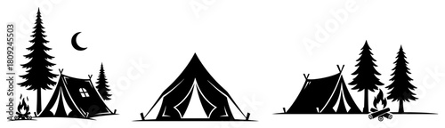 Camping Tent Silhouette Set with Forest and Campfire at Night