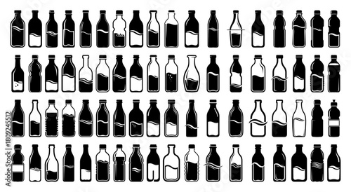 Set of Beverage Bottle Silhouettes in Black and White Vector Icons