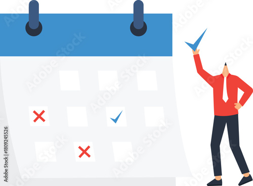 Businessman planning schedule on a large calendar for task completion. Time management and project deadline concept for business strategy, appointment setting, and productivity achievement.