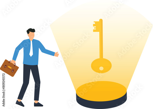 Businessman finding golden key to success a business solution unlocking potential career opportunity corporate strategy financial achievement investment access new discovery