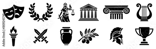 Ancient Greece Icon Set with Mythology Laurel Wreath Temple and Culture Symbols