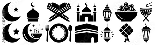 Ramadan and Islamic Icon Set with Mosque Crescent Moon Lanterns Kaaba and Traditional Food
