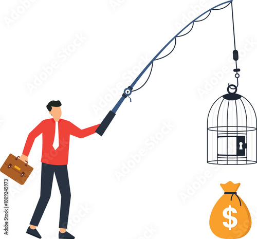 Businessman fishing for money with birdcage bait a financial trap concept showing investment risk business opportunity corporate greed debt strategy and economic incentive