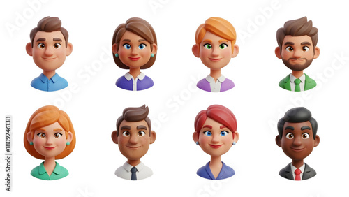 A diverse collection of eight 3D rendered cartoon avatars representing business professionals on a white background.