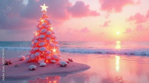 Christmas tree on tropical beach at sunset with starfish