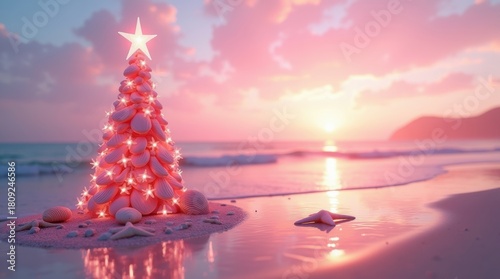 Christmas tree on tropical beach at sunset with starfish