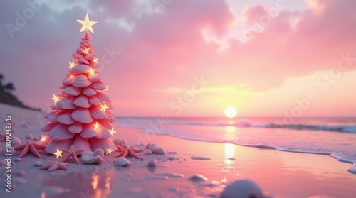 Christmas tree on tropical beach at sunset with starfish
