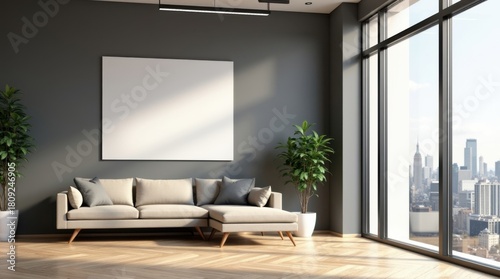 Modern minimalist living room with large blank canvas and city view
