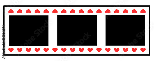 Minimalist style vector illustration of a polaroid photo frame. Colored sine with black squares for inserting photos and decorated with cute red hearts.