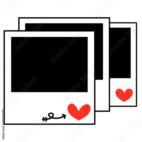 Minimalist style vector illustration of a polaroid photo frame. Colored sine with black squares for inserting photos and decorated with cute red hearts.