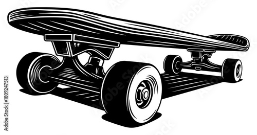 Classic Monochrome Skateboard Illustration in Retro Woodcut Style for Urban Sports Design
