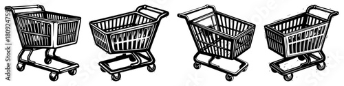 Set of Hand Drawn Empty Shopping Cart Illustrations for Retail and Supermarket Commerce Concepts