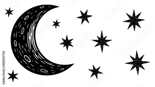 Crescent Moon and Stars Night Sky Woodcut Vector Illustration